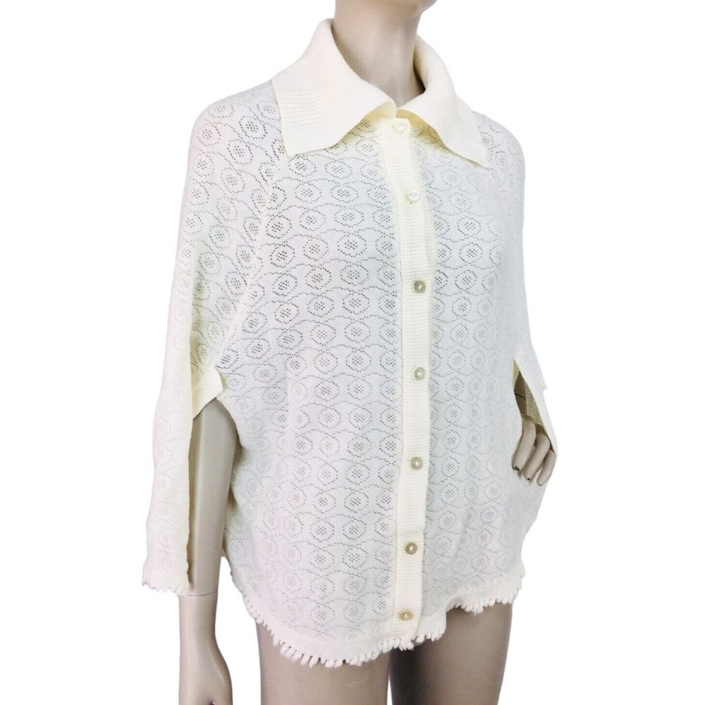 Vintage 1970's Ivory Knit Button-Down Poncho Cape Shawl Fits Size XS/S/M